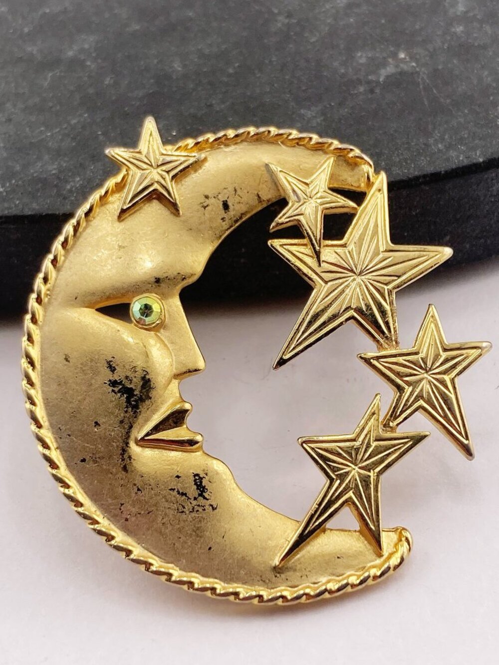 JJ Vintage gold tone metal crescent moon stars brooch whimsigoth celestial pin